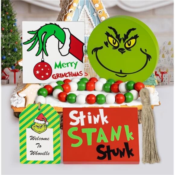 Grinchmas Tiered Tray Decor - Green Wood Signs & Bead Garland for Table & Mantel - Picture 1 of 7